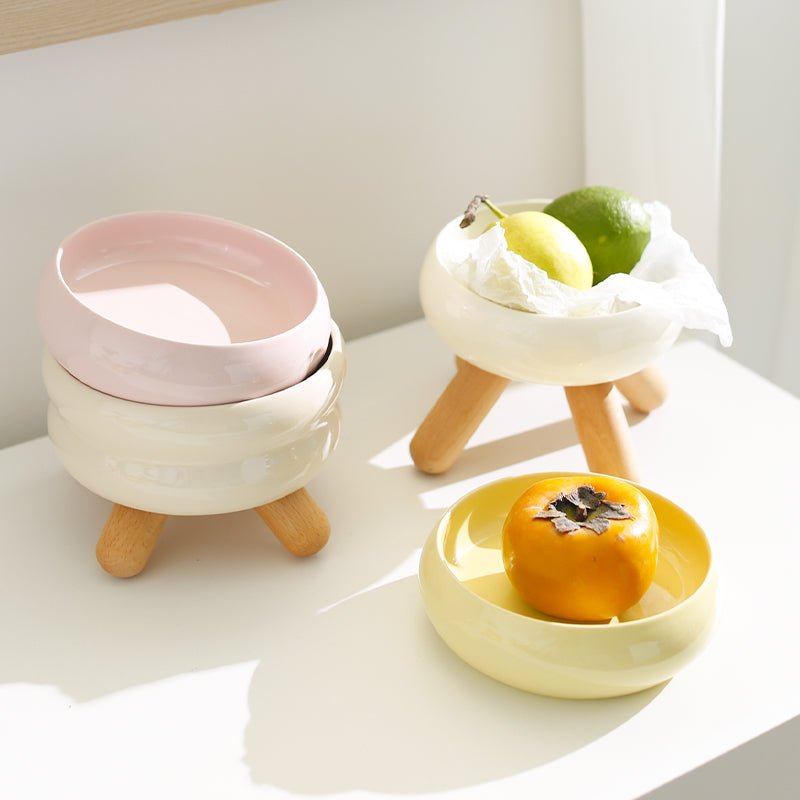Elevated Ceramic Pet Food Bowl with Natural Wood Stand – Microwave & Dishwasher Safe