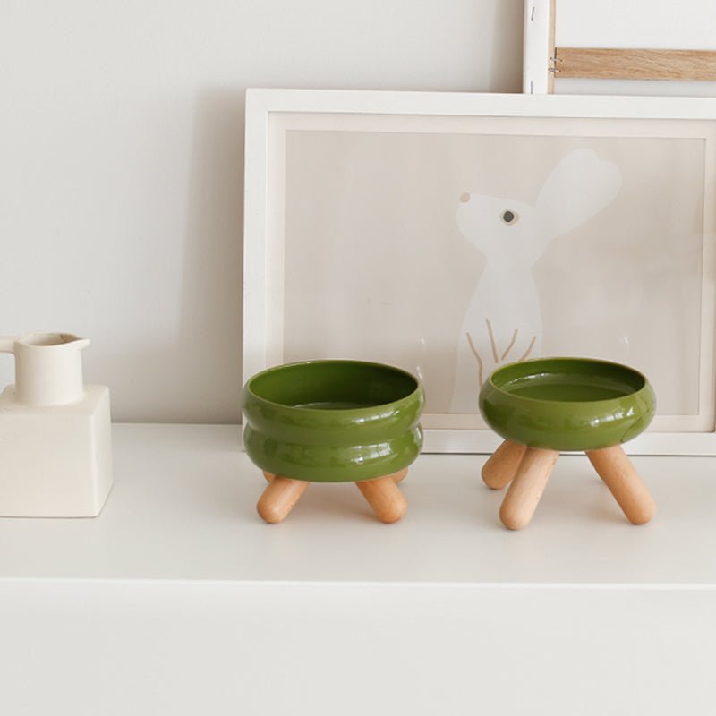 Elevated Ceramic Pet Food Bowl with Natural Wood Stand – Microwave & Dishwasher Safe